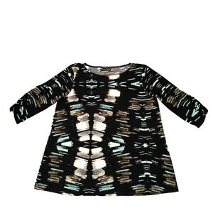 Lauren M Petites Blouse Womens Top Small Black Geometric 3/4 Sleeve‎